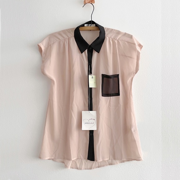 NWT NICE CLAUP Pink Blouse with Black Collar - Picture 1 of 9